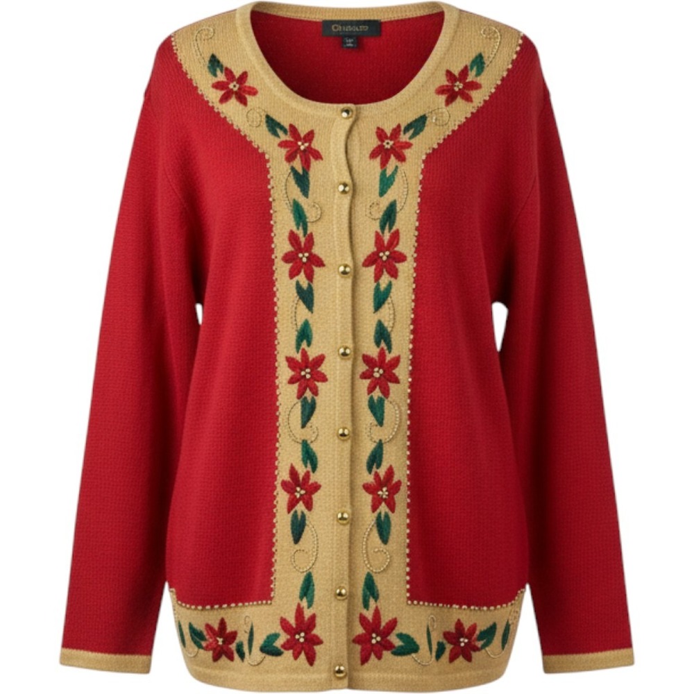 Dressbarn Women's Red Poinsettia Floral Embroidered Cardigan Sweater 1X